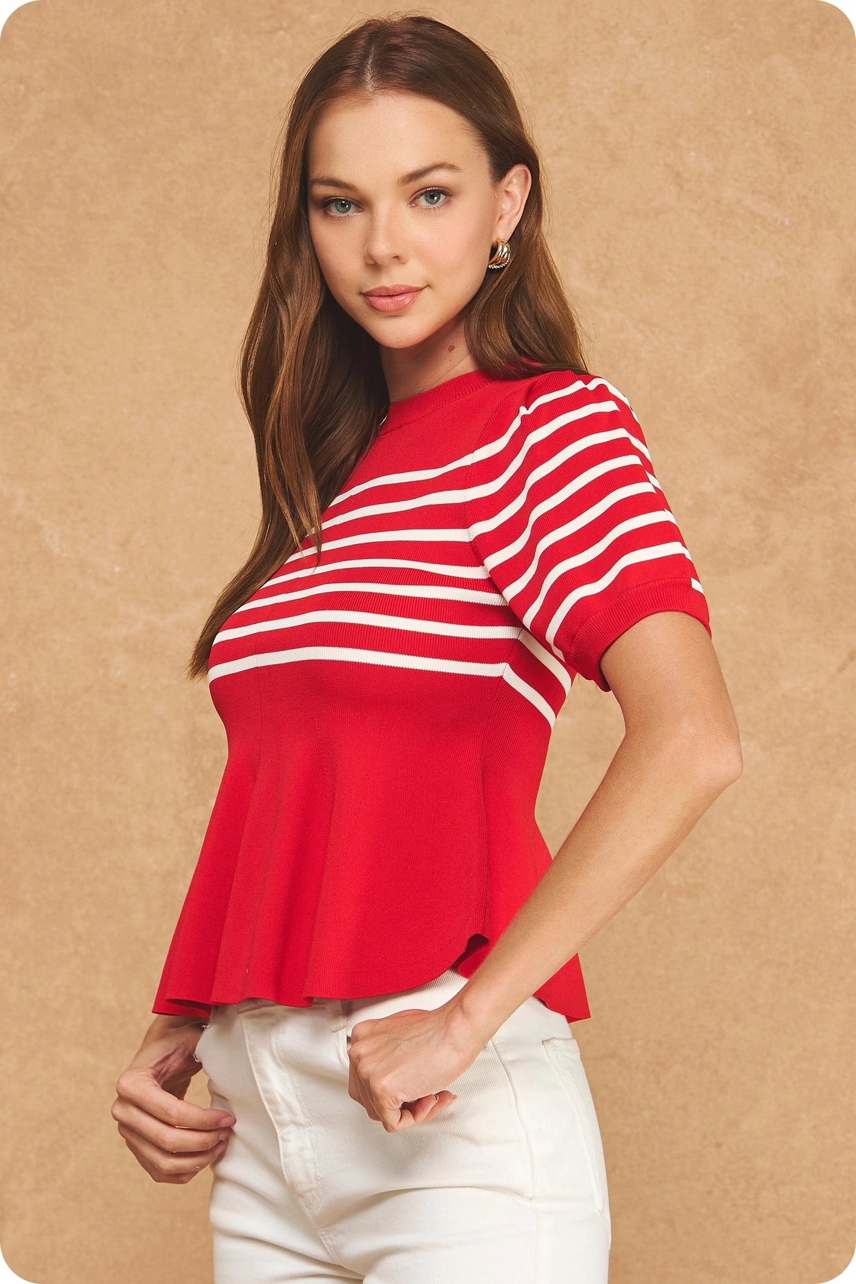 Striped Short Sleeve Peplum Sweater Top - Red/Ivory