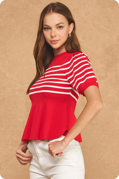 Striped Short Sleeve Peplum Sweater Top - Red/Ivory