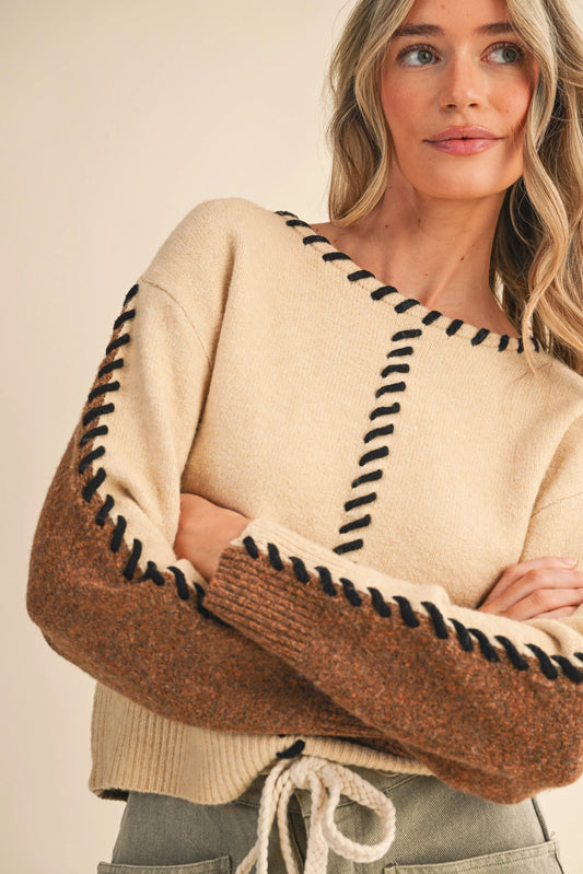 Whip Stitch Two-Tone Sweater - Taupe Brown