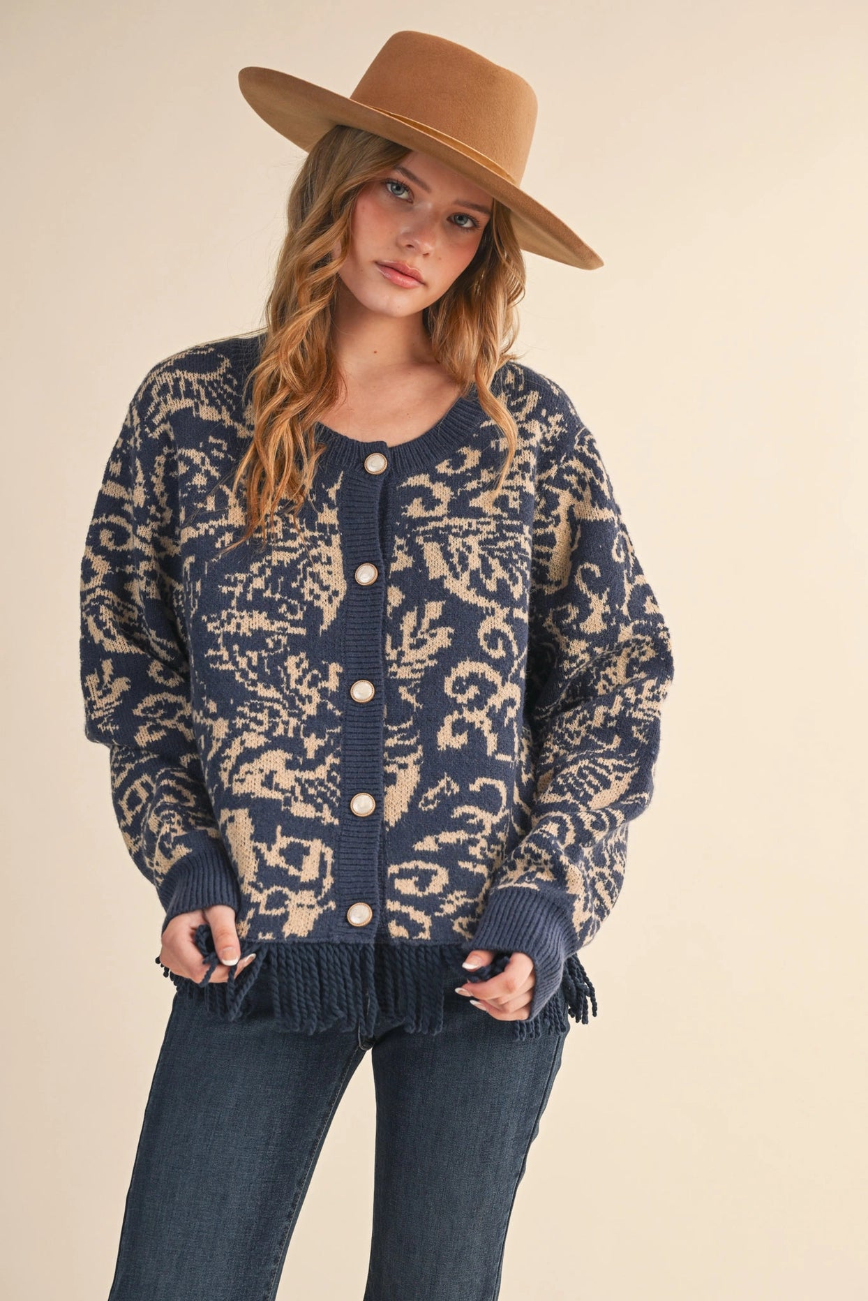 Floral Knit Fringed Sweater Cardigan - Navy Taupe