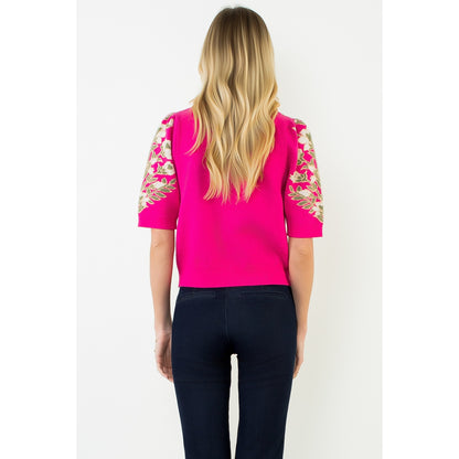 Short Sleeve Floral Pattern Sweater - Pink