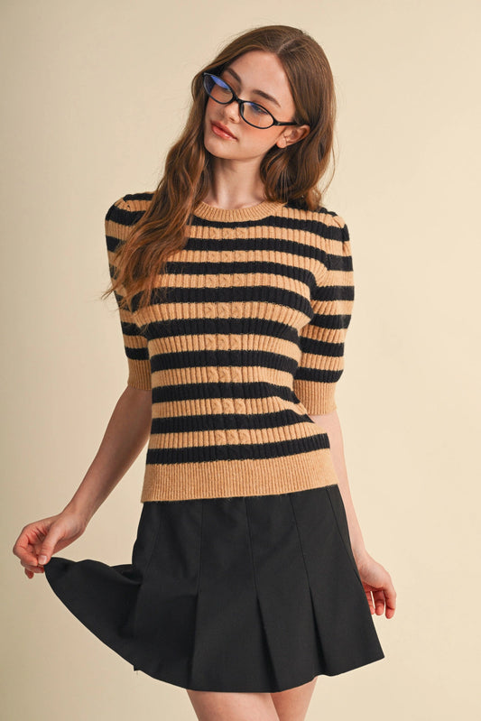Striped Cable Knit Short Sleeve Sweater - Sand Black