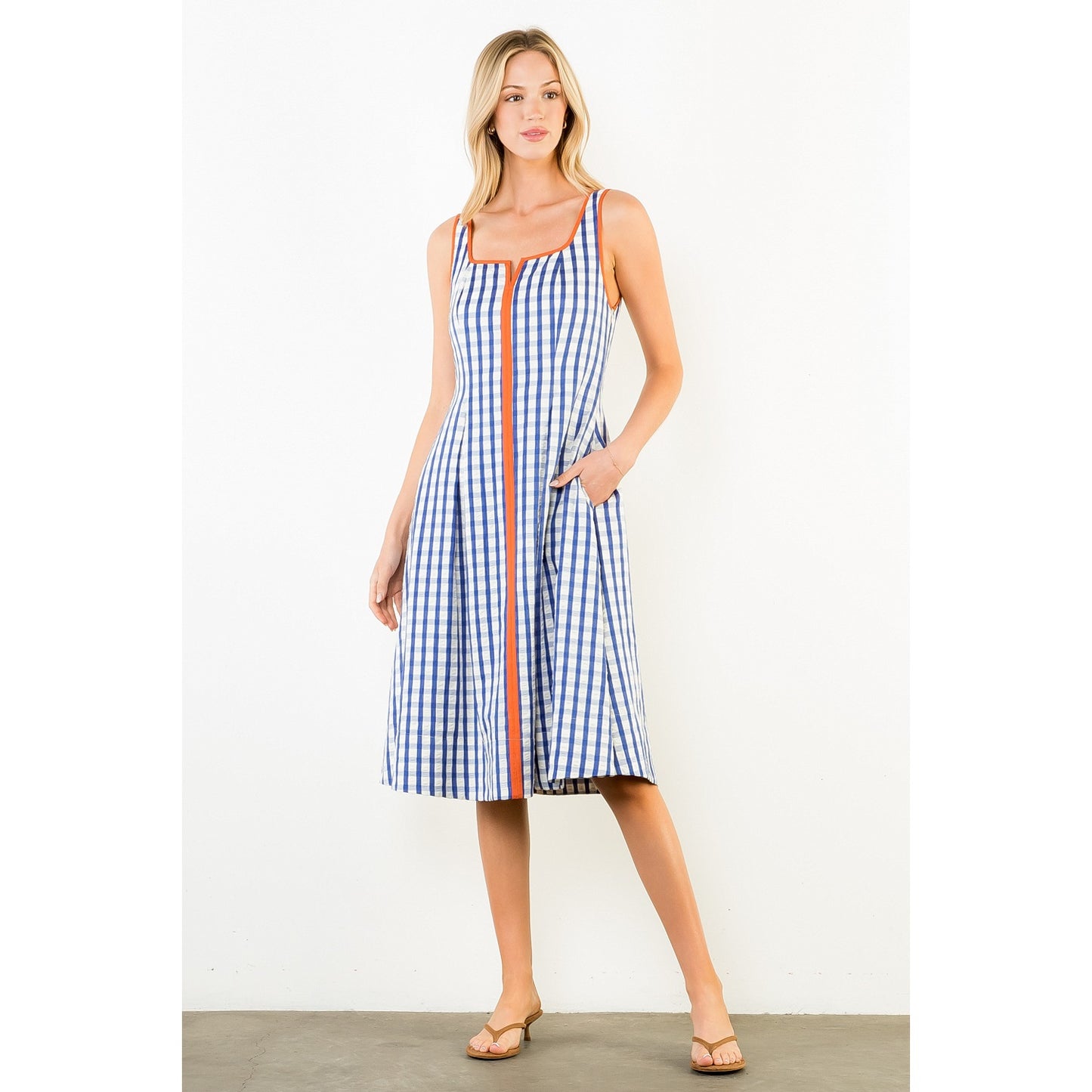 Thin Strap Gingham Pattern Dress - Navy
