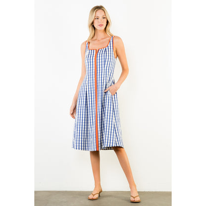 Thin Strap Gingham Pattern Dress - Navy