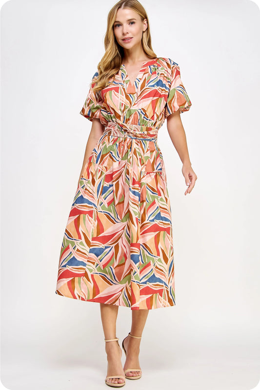 Puff Sleeve Print Midi Dress - Multi