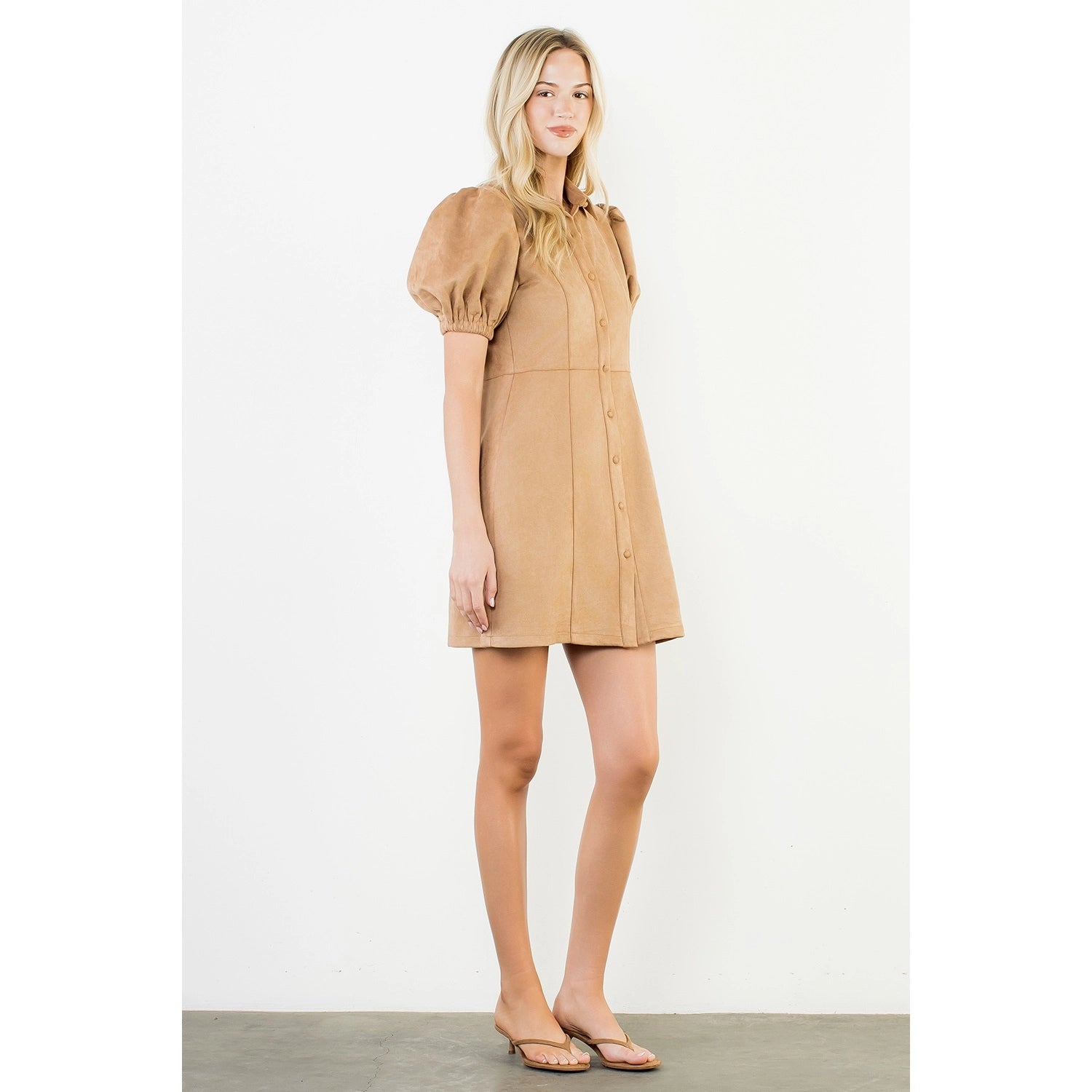 Puff Sleeve Button Up Suede Dress - Camel