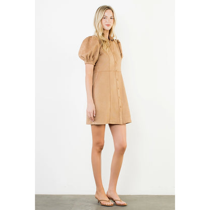 Puff Sleeve Button Up Suede Dress - Camel