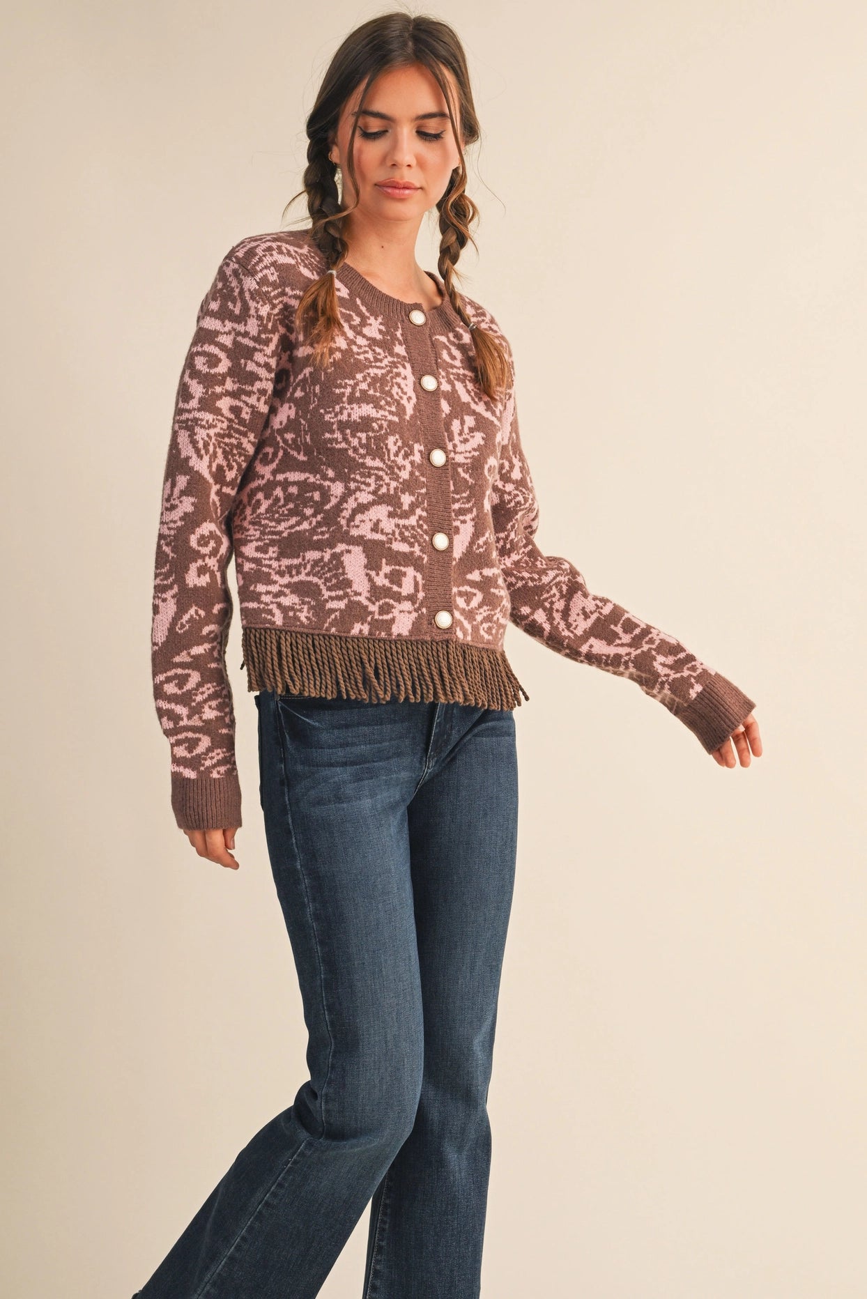 Floral Knit Fringed Sweater Cardigan - Mocha Pink