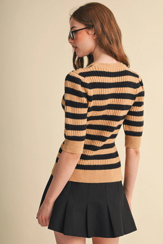 Striped Cable Knit Short Sleeve Sweater - Sand Black