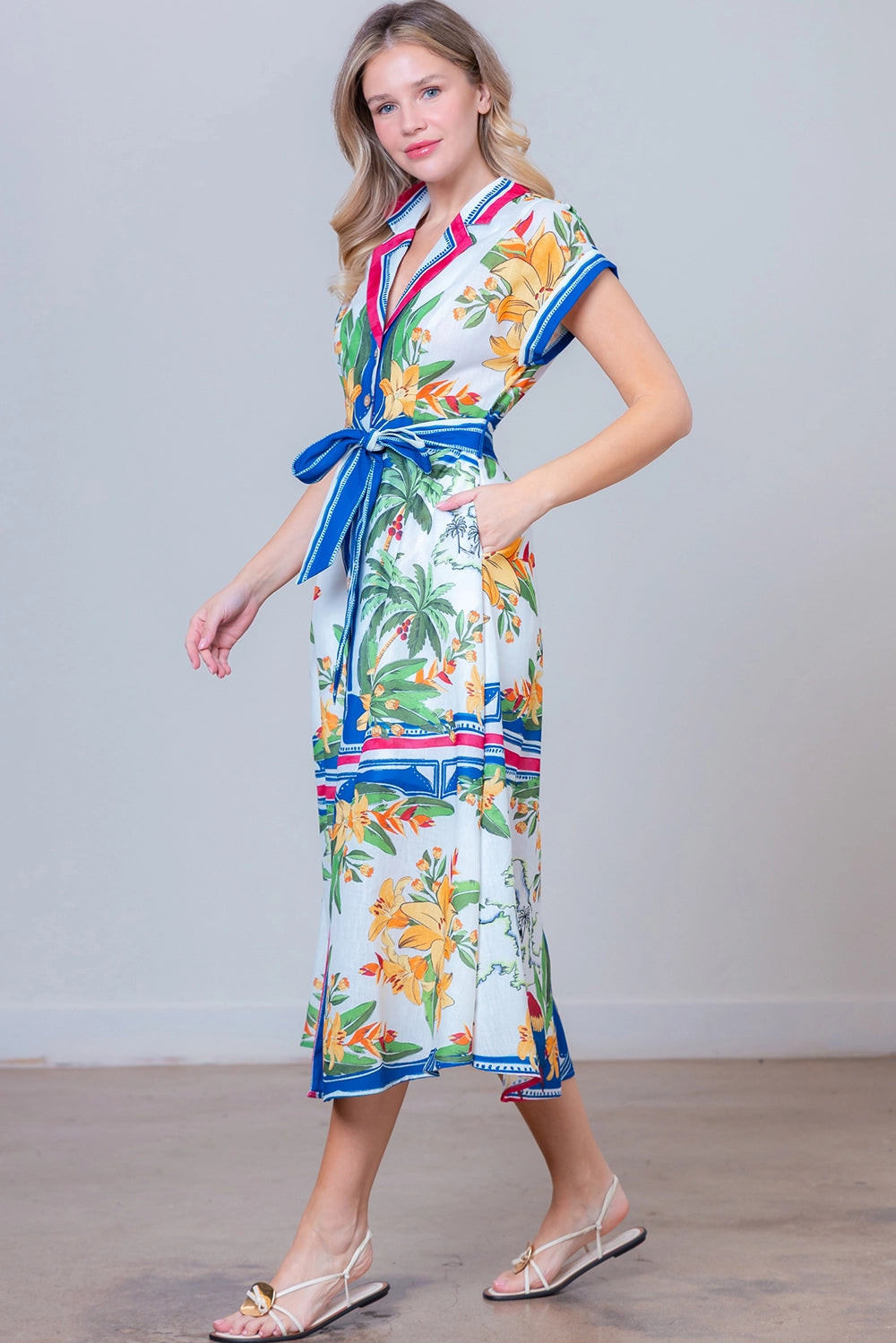 Button  Midi Dress - Ivory/Multi - Spinout