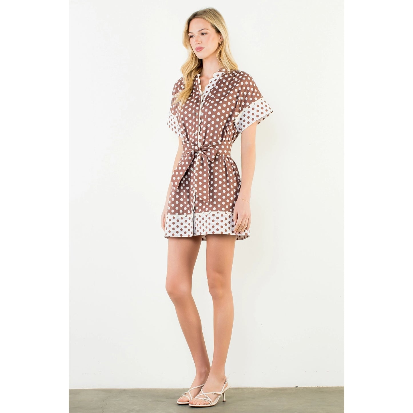 Short Sleeve Polka Dot Dress - Brown