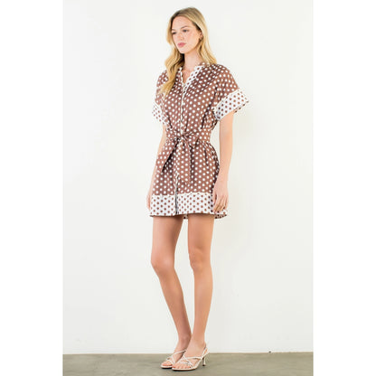 Short Sleeve Polka Dot Dress - Brown