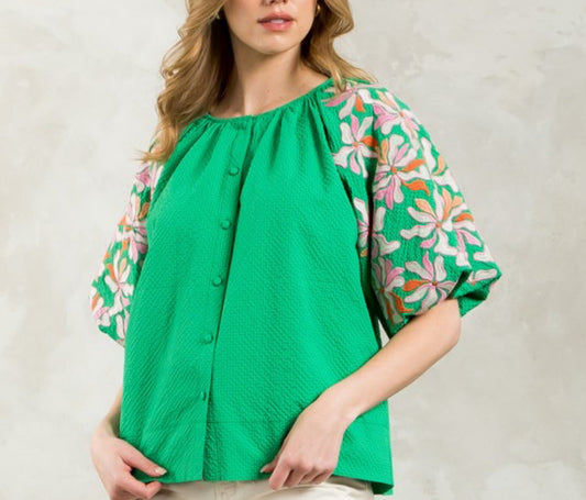 THML - Embroidered Puff Sleeve Textured Top - Green