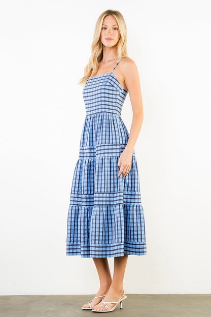 Thin Strap Striped Pattern Tiered Dress - Blue