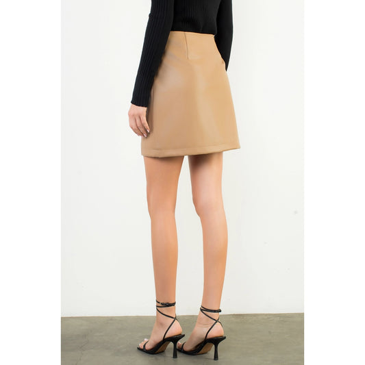 Bow Detail Faux Leather Mini Skirt - Beige