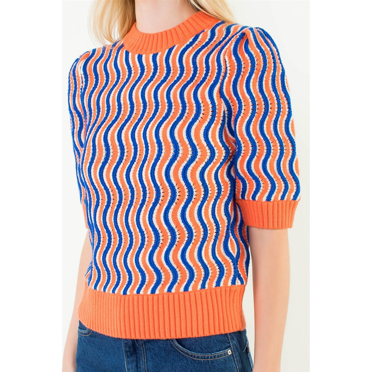 Short Sleeve Wavy Striped Top - Orange