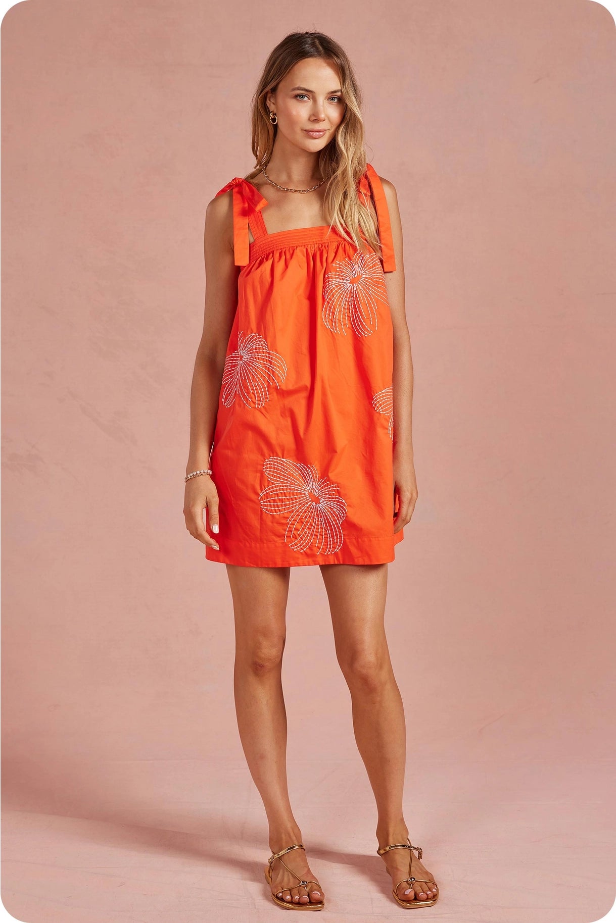 Embroidered Tie Shoulder Sleeveless Mini Dress - Orange/Off White