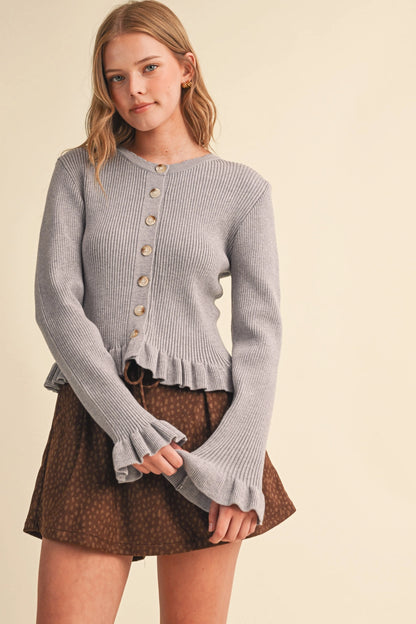 Ruffle Hem Ribbed Knit Sweater Cardigan - Heather Grey