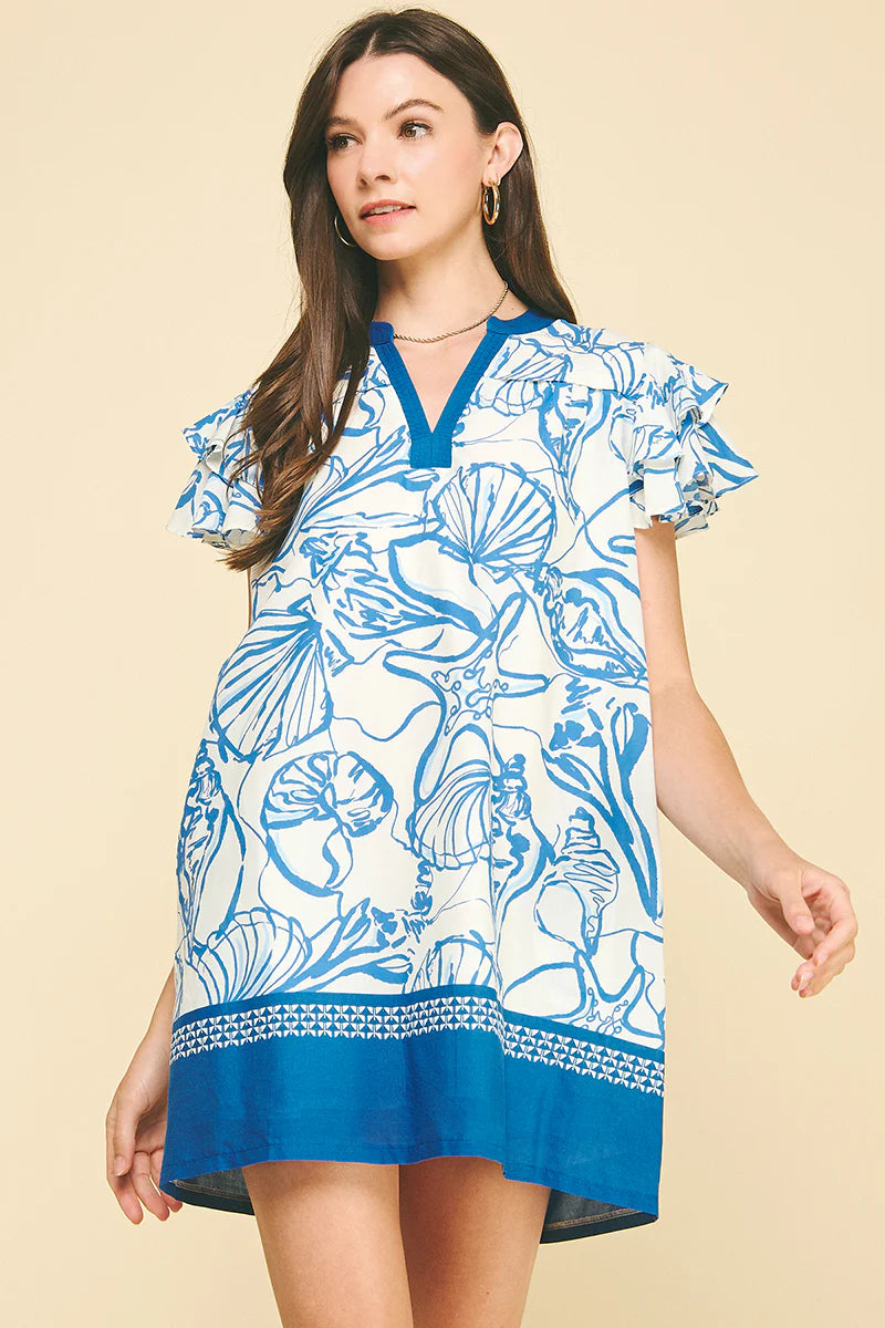 Scallop Shell Printed Tunic Dress - Blue