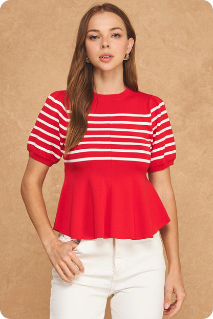 Striped Short Sleeve Peplum Sweater Top - Red/Ivory