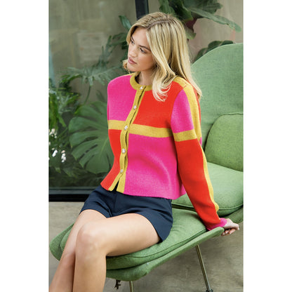 Gold Button Colorblock Cardigan - Orange