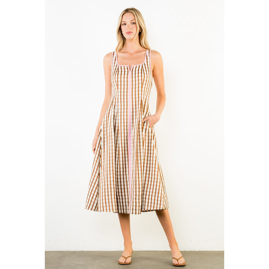 Thin Strap Gingham Pattern Dress - Brown