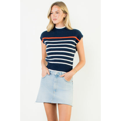 Cap Sleeve Stripe Knit Top - Navy