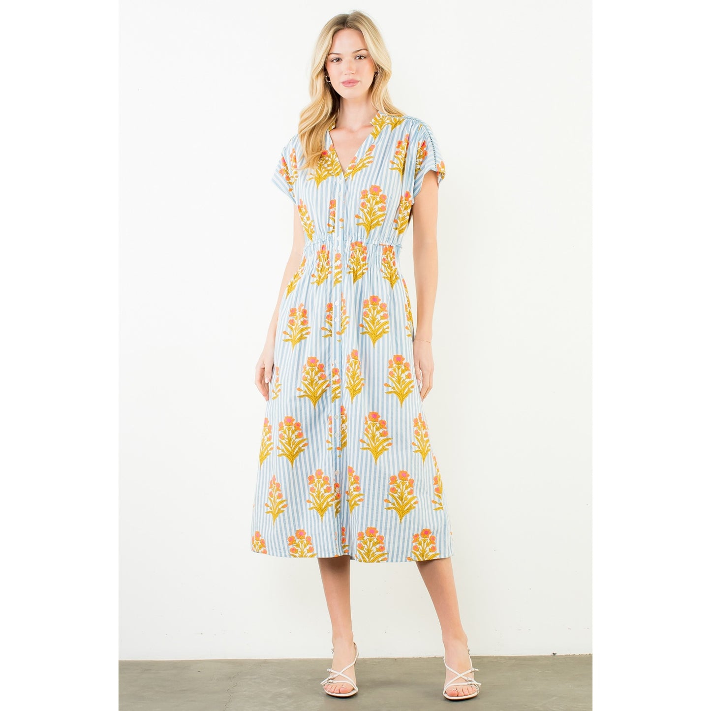 Short Sleeve Floral Striped Print Dress - Blue