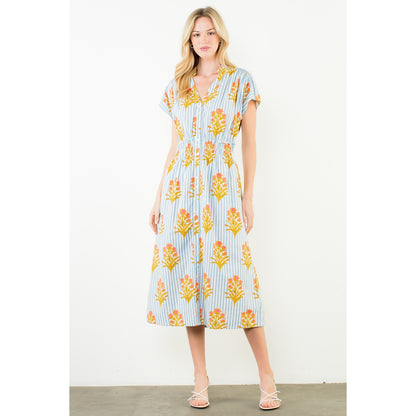 Short Sleeve Floral Striped Print Dress - Blue