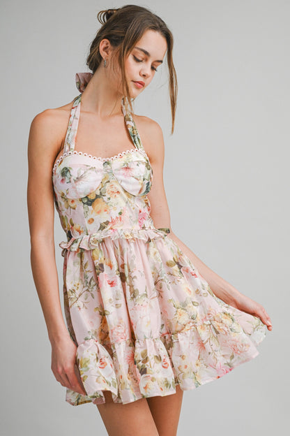 Floral Halter Mini Dress - Peach
