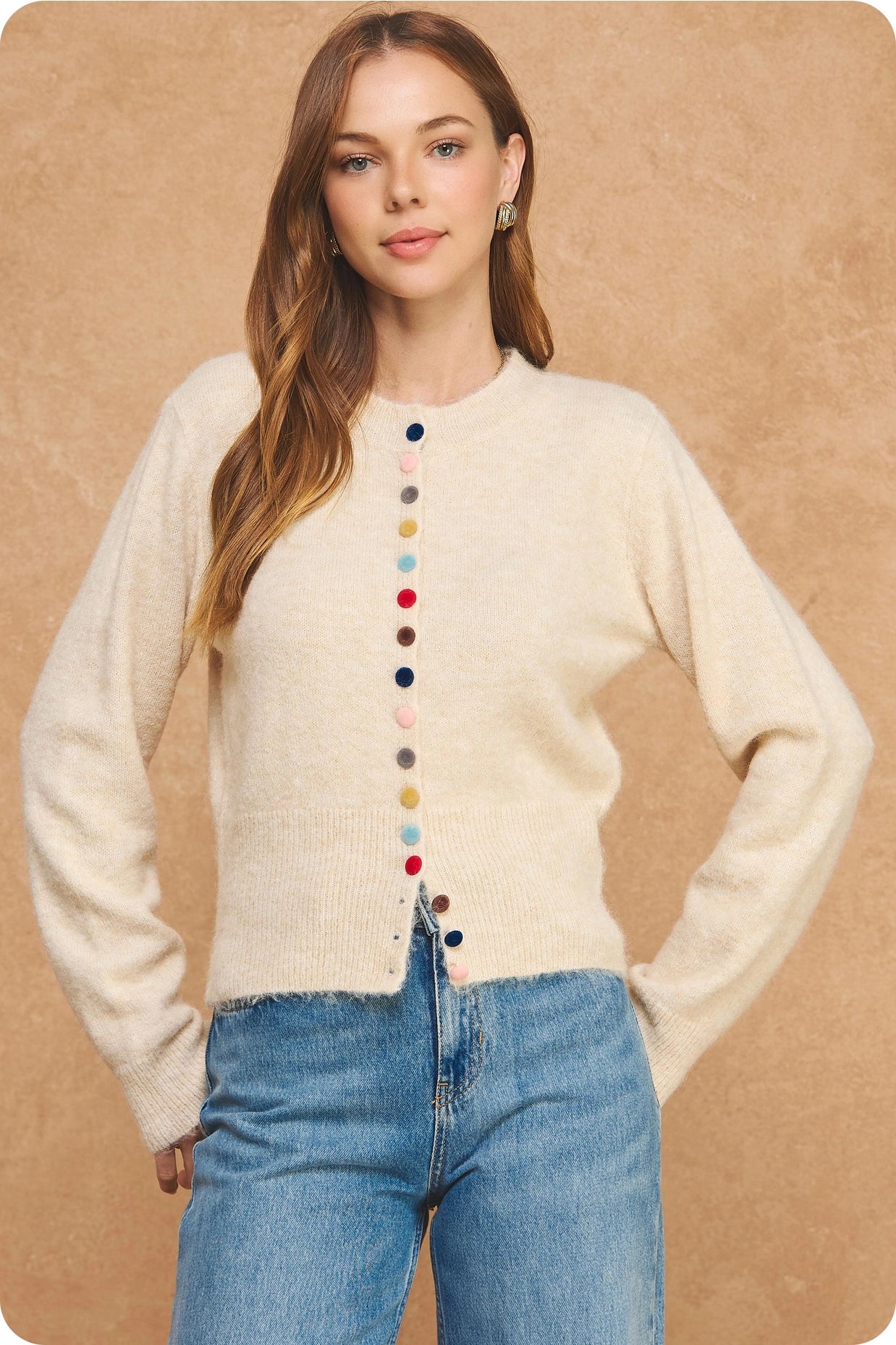 Multi Color Button Knit Cardigan - Oatmeal
