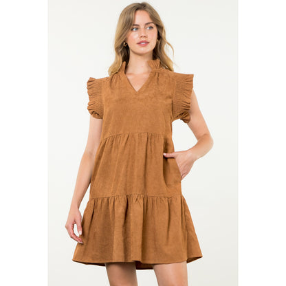 THML - Flutter Sleeve Corduroy Midi Dress - Camel