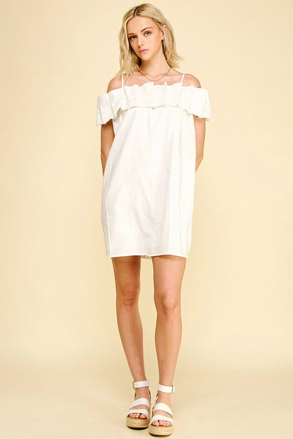 Ruffled Off Shoulder Mini Dress - Off White
