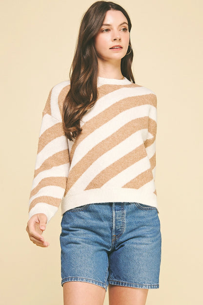 Diagonal Stripe Knit Sweater - Cream/Taupe