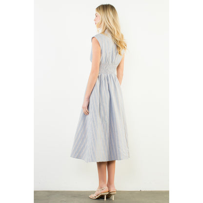 Sleeveless Striped Pattern V-Neck Dress - Blue - Spinout