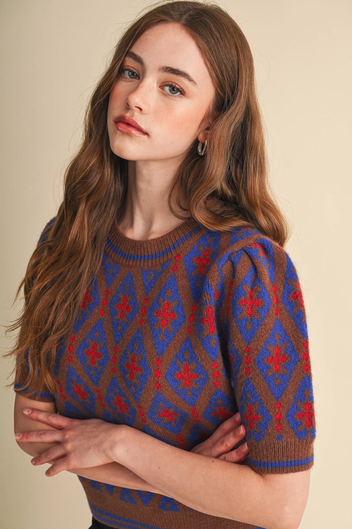 Geometric Knit Short Sleeve Sweater - Blue Brown
