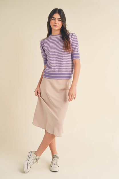 Striped Pointelle Knit Puff Sleeve Sweater - Pink Lavender