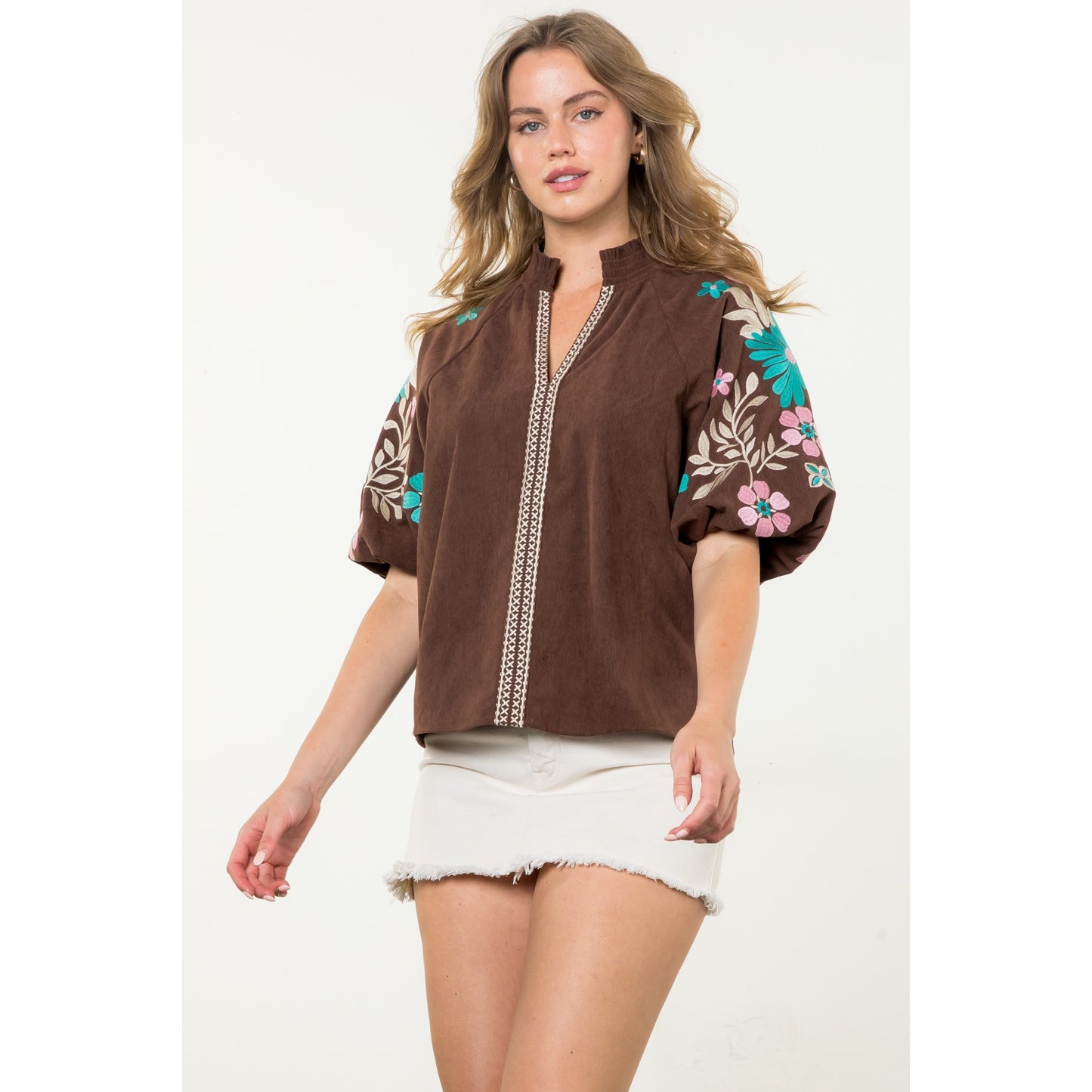 THML - Embroidered Puff Sleeve Corduroy Top - Brown