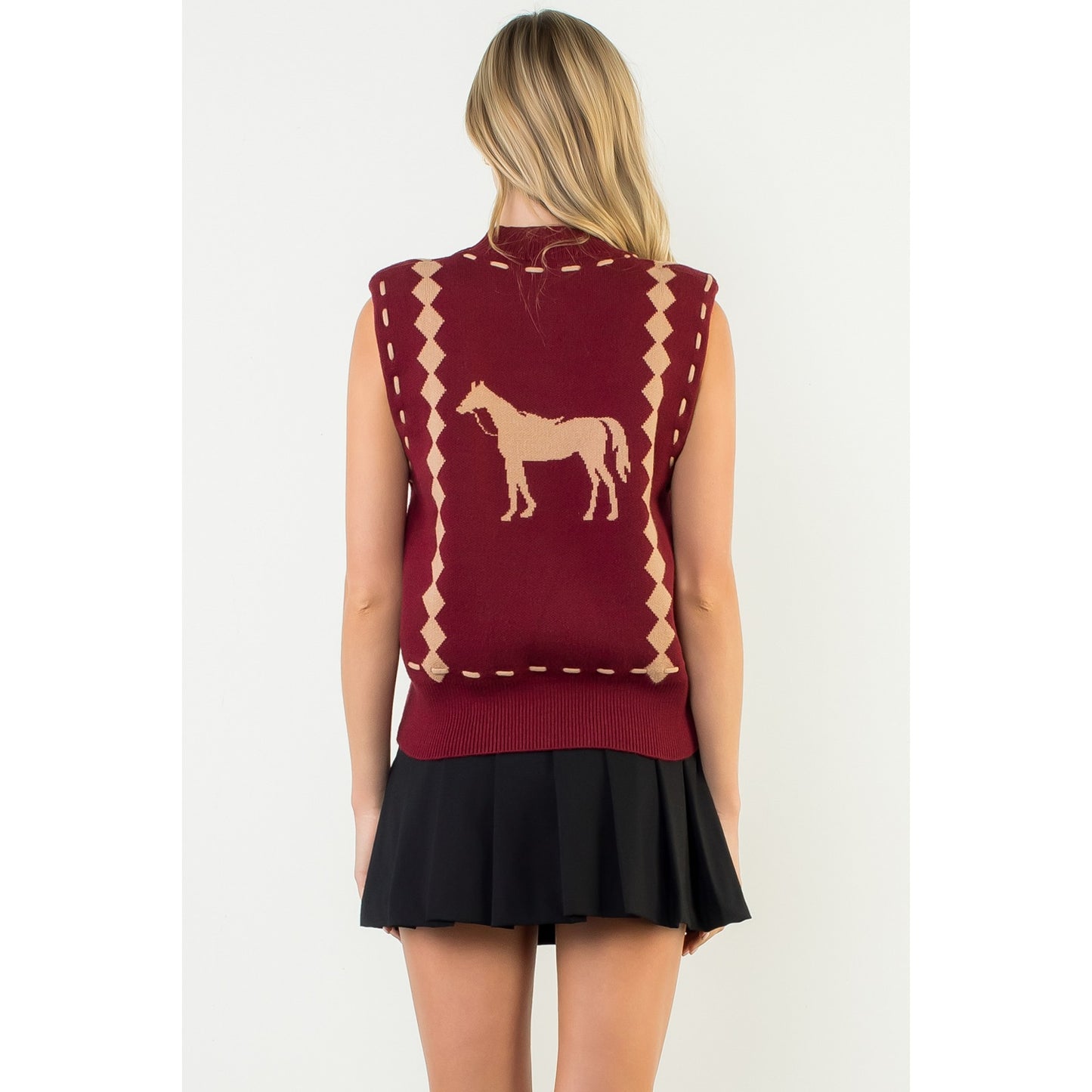 Sleeveless Horse Knit Vest - Burgundy