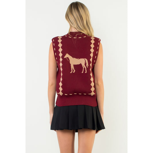 Sleeveless Horse Knit Vest - Burgundy