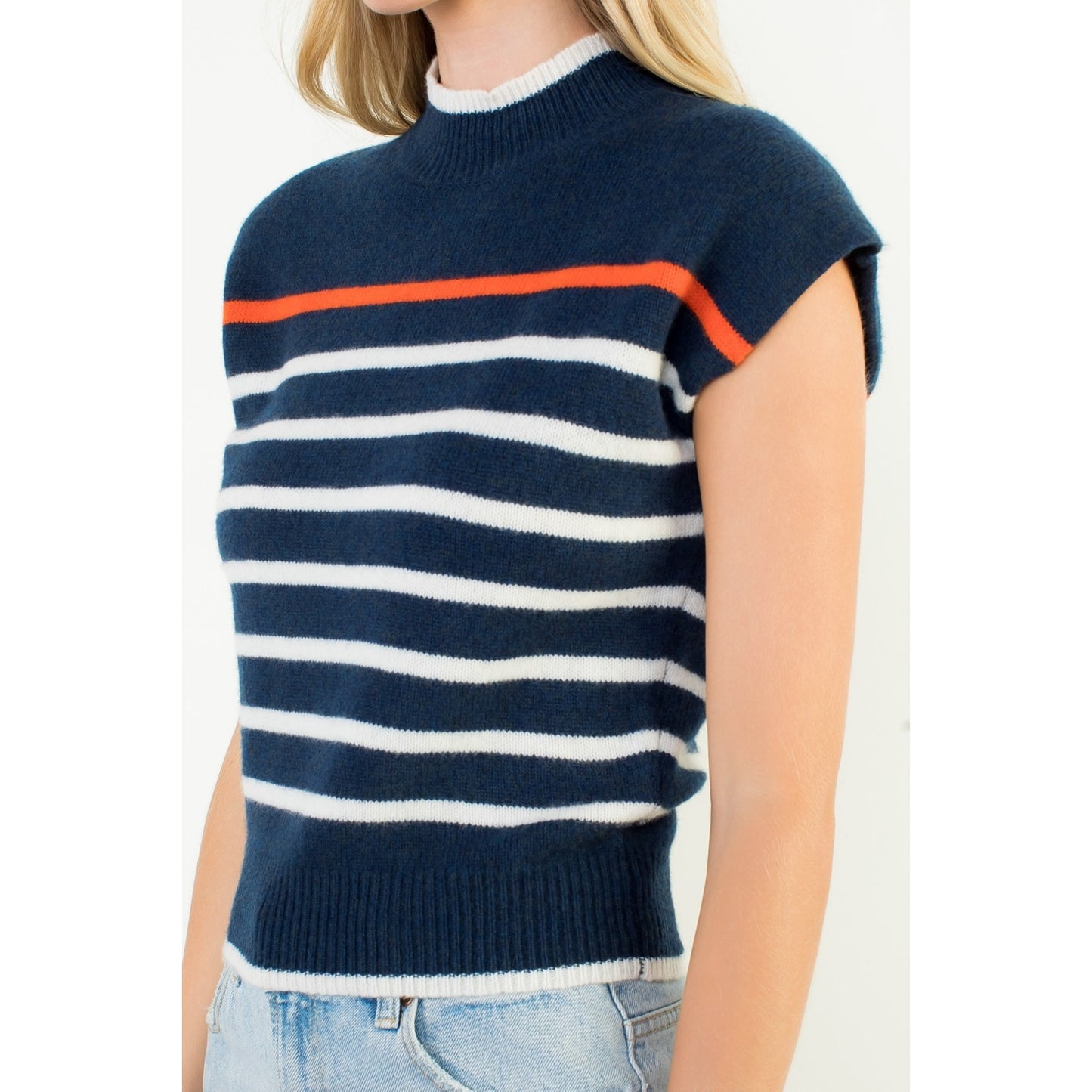 Cap Sleeve Stripe Knit Top - Navy