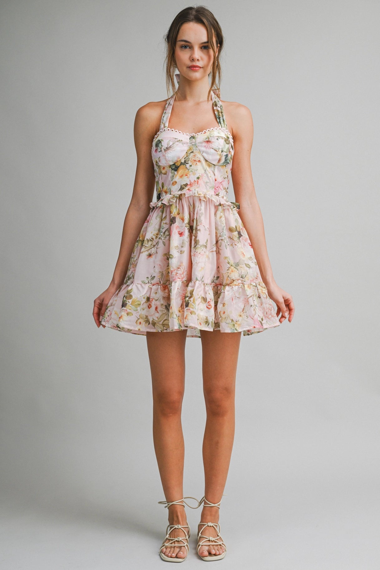 Floral Halter Mini Dress - Peach