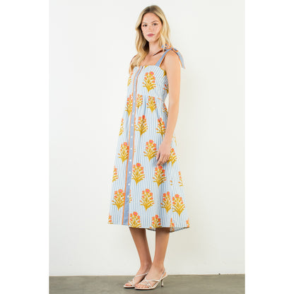Tie Straps Floral Pattern Button Down Dress - Blue - Spinout