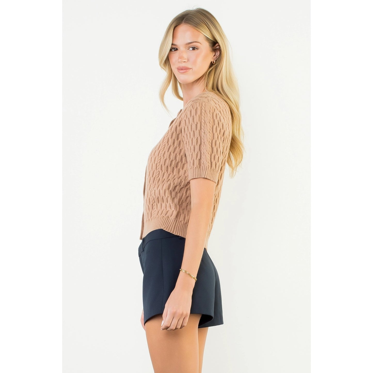 Short Sleeve Button Knit Top - Beige