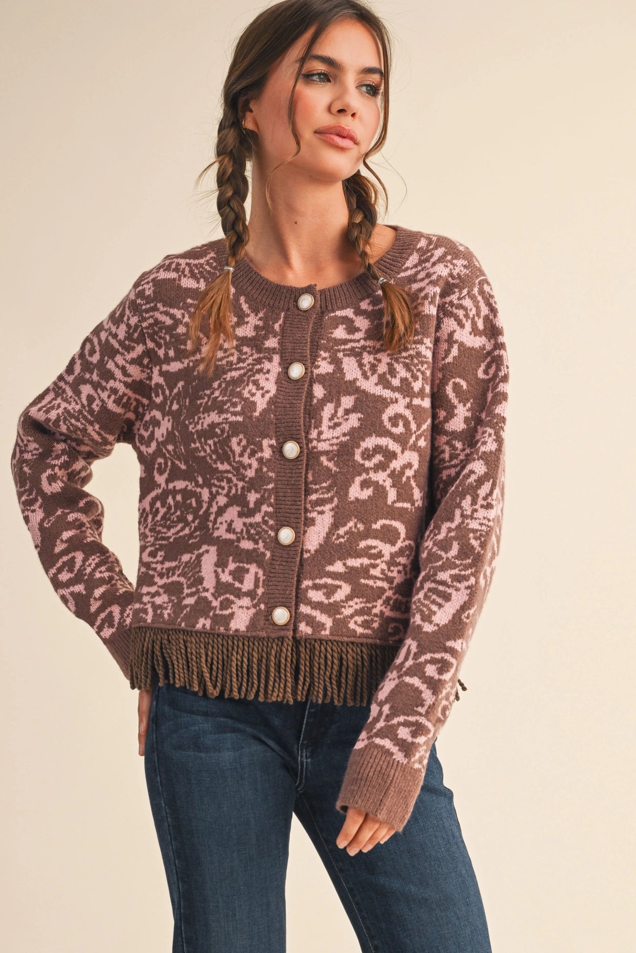 Floral Knit Fringed Sweater Cardigan - Mocha Pink