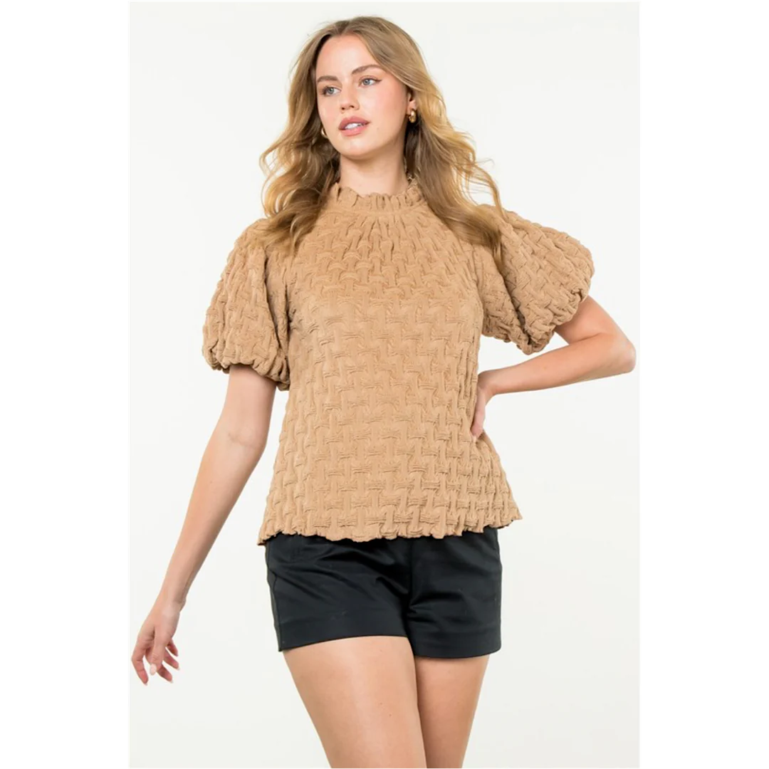 THML - Textured Puff Sleeve Top - Beige