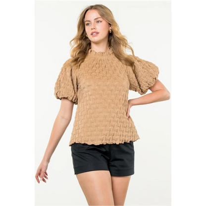 THML - Textured Puff Sleeve Top - Beige