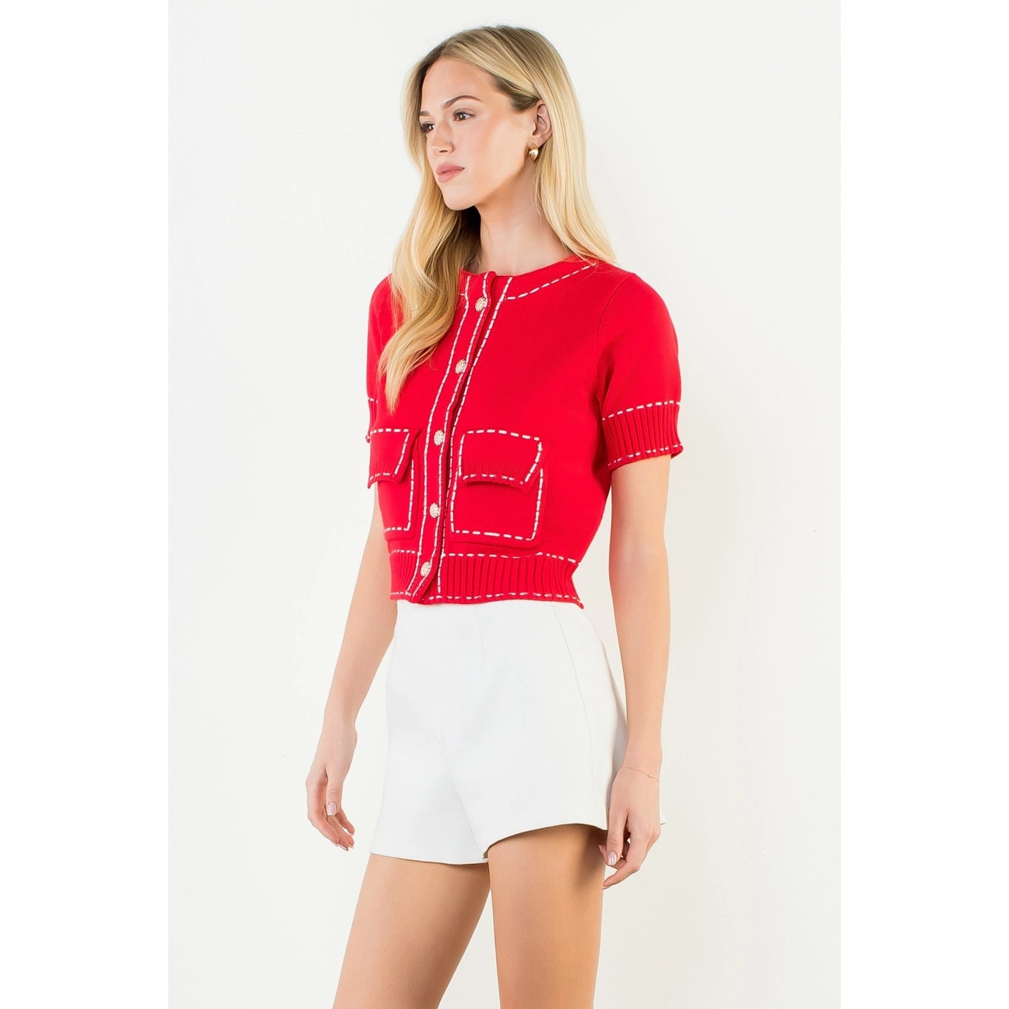 Short Sleeve Knitted Button Up Top - Red