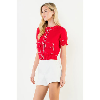 Short Sleeve Knitted Button Up Top - Red