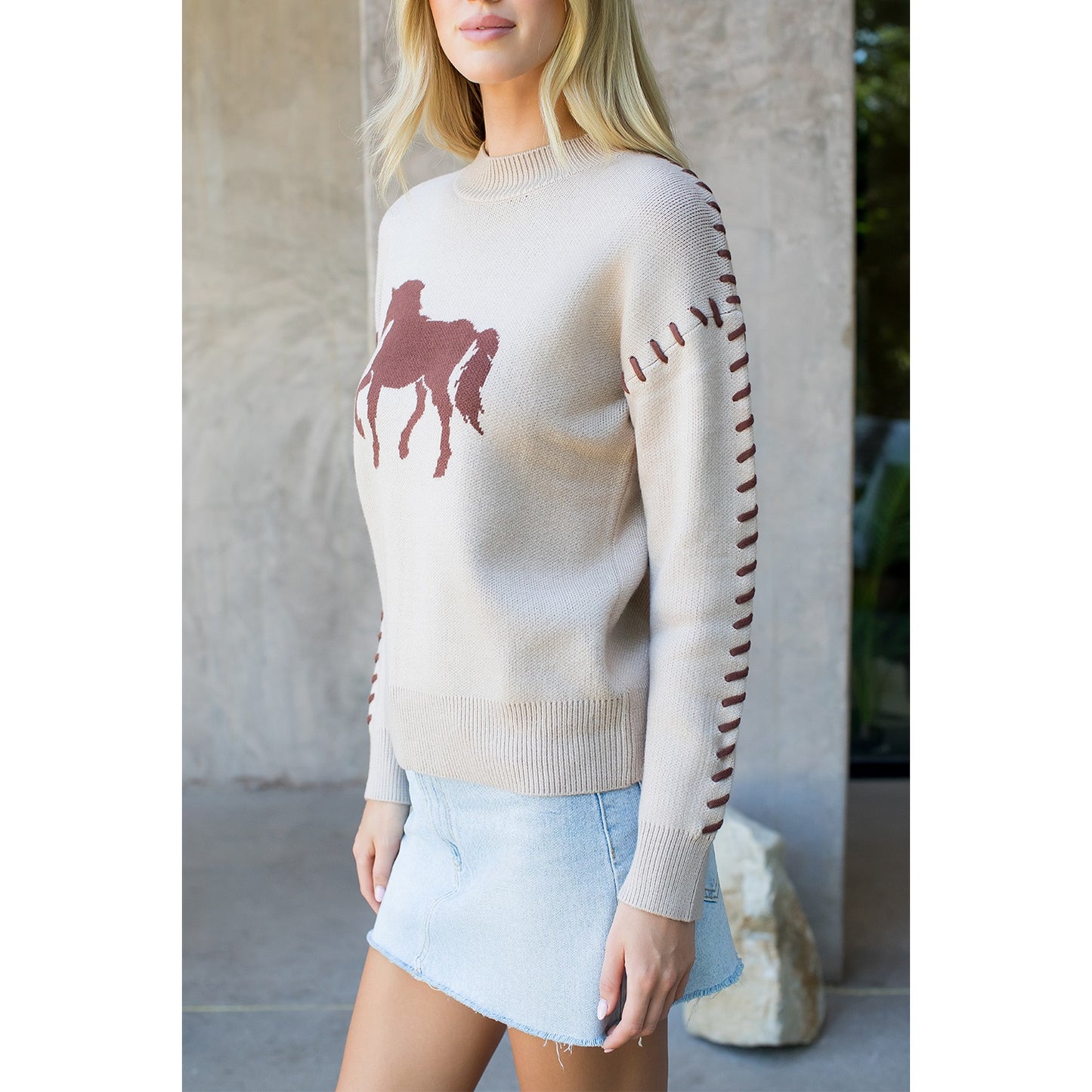 Stitch Detail Horse Knit Sweater - Beige